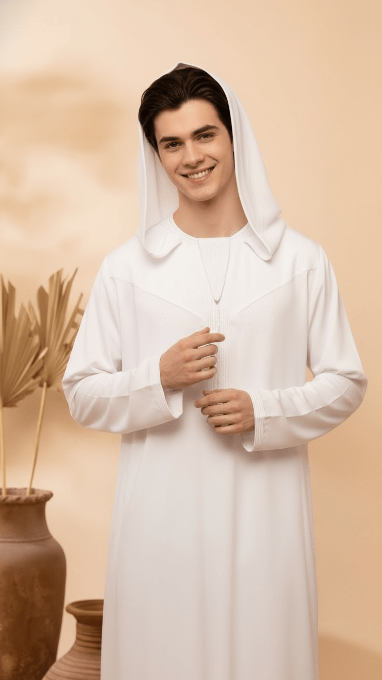 Men’s Hooded Thobe – Smoke White with Embroidered Trim - Image 3