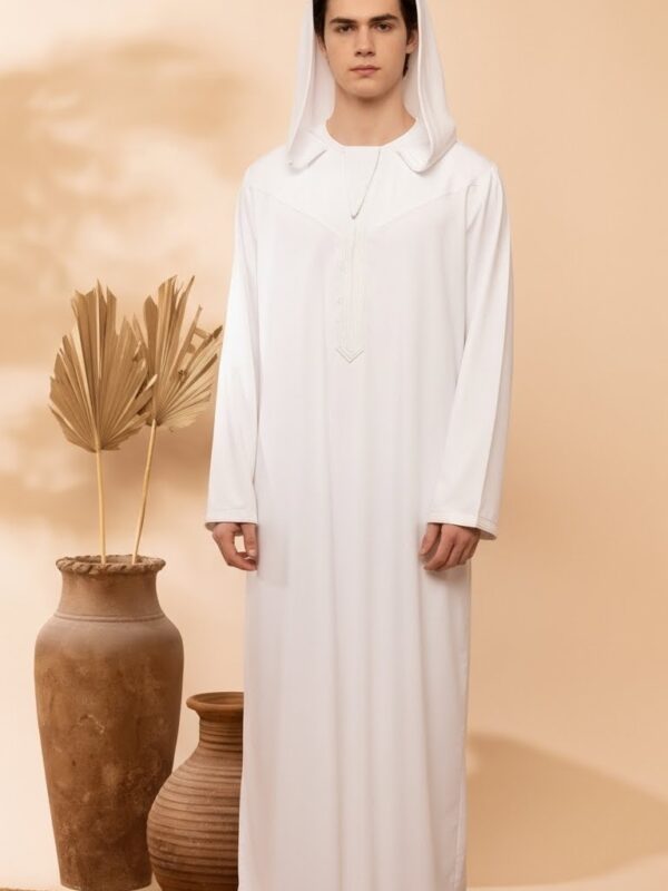 Men’s Hooded Thobe – Smoke White with Embroidered Trim