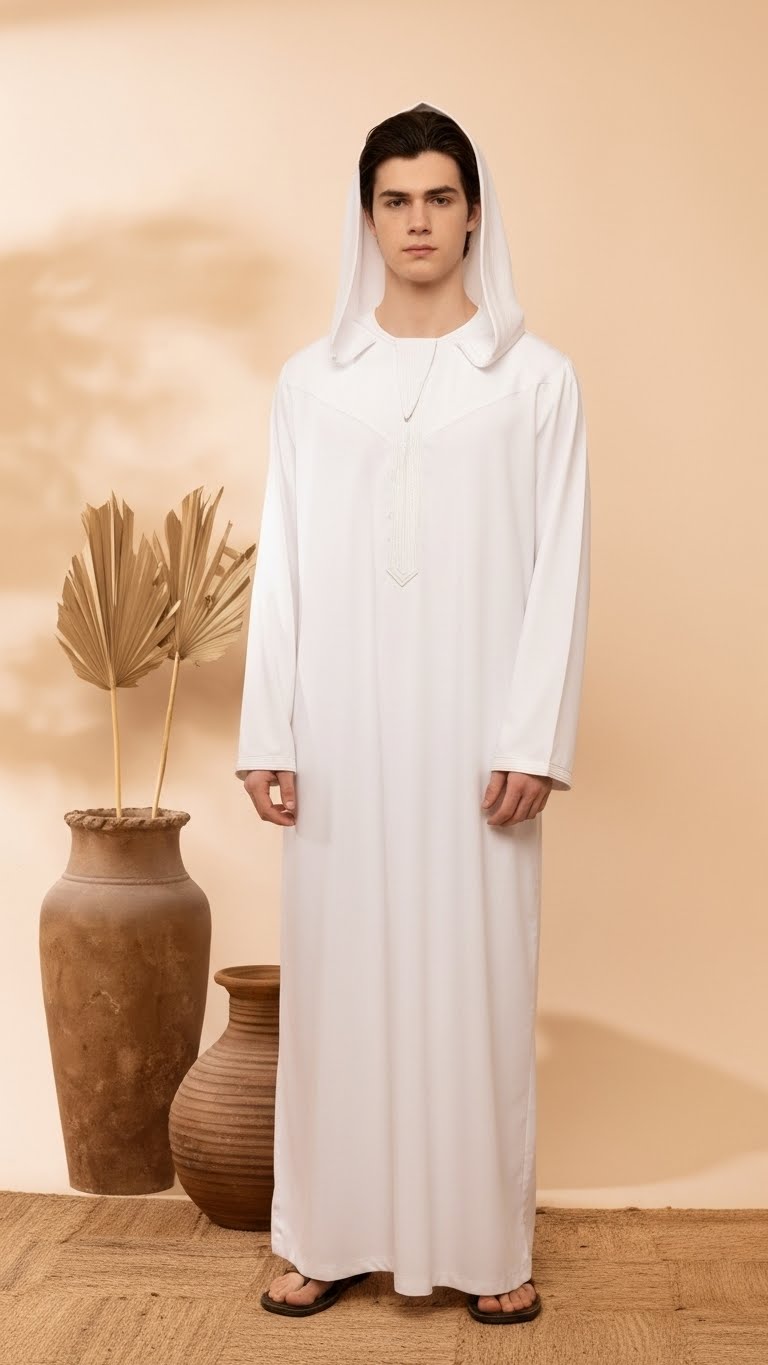 Men’s Hooded Thobe – Smoke White with Embroidered Trim