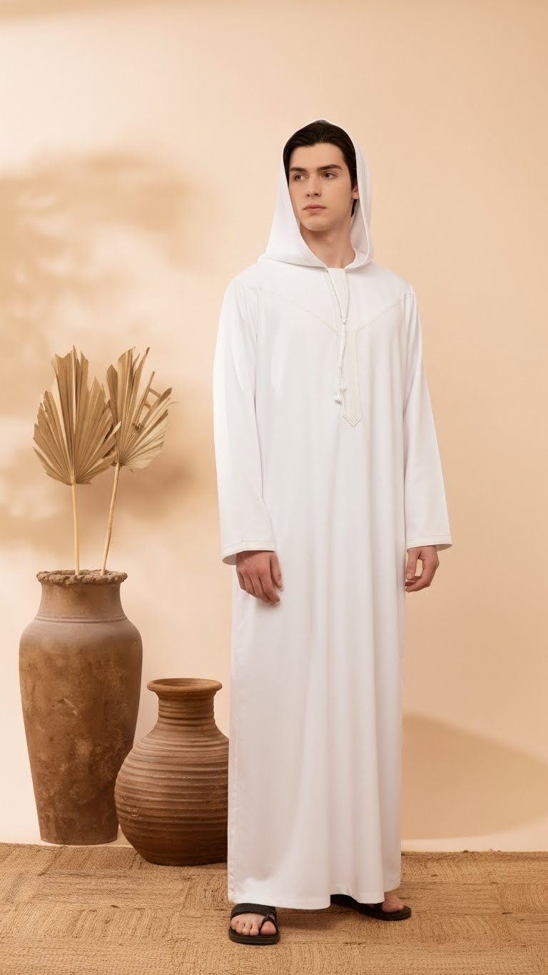 Men’s Hooded Thobe – Smoke White with Embroidered Trim - Image 2