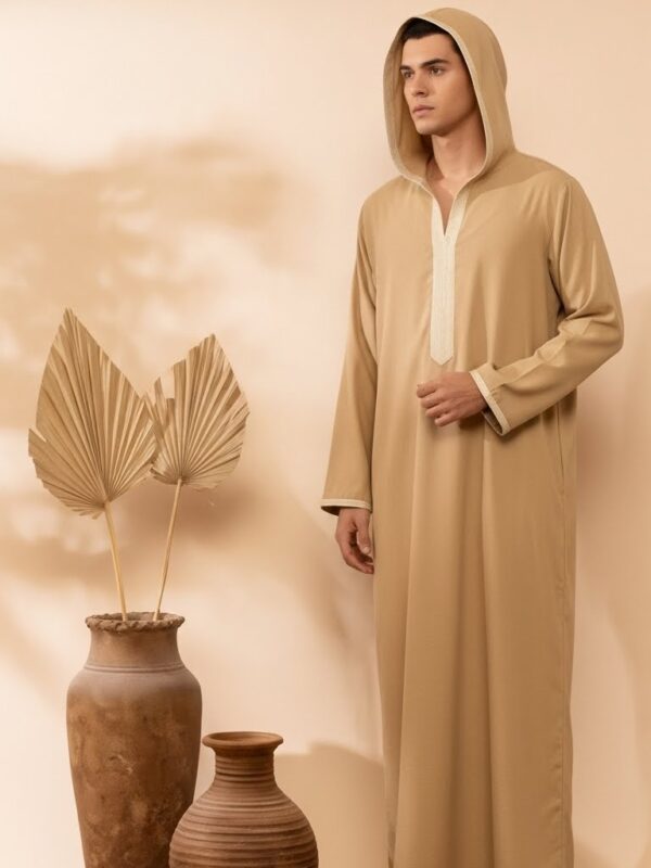 Men’s Hooded Thobe – Camel Light Tan with Embroidered Trim