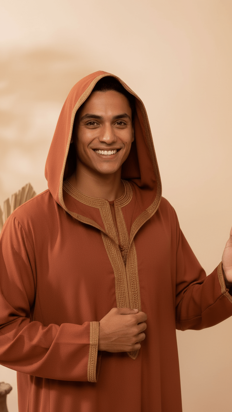 Men’s Hooded Thobe – Burnt Orange with Embroidered Trim - Image 3
