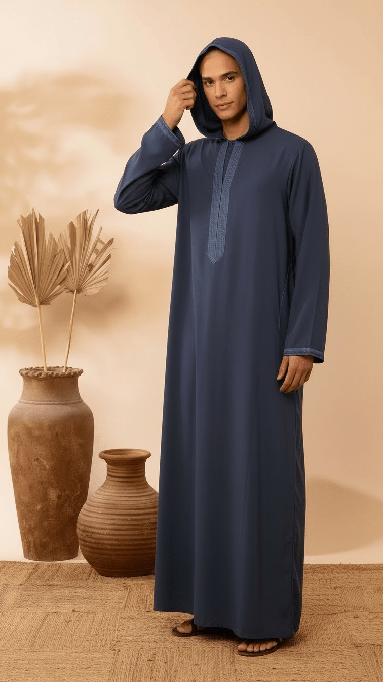 Men’s Hooded Thobe – Navy Blue with Embroidered Trim - Image 2