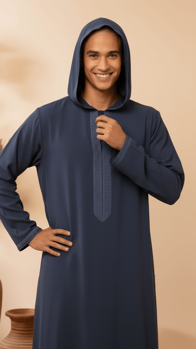 Men’s Hooded Thobe – Navy Blue with Embroidered Trim - Image 3