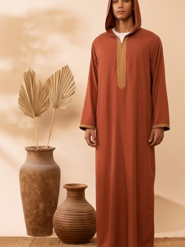 Men’s Hooded Thobe – Burnt Orange with Embroidered Trim