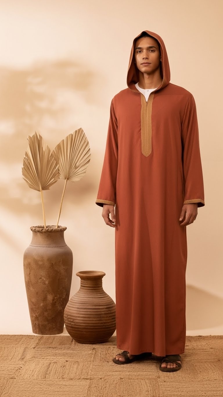 Men’s Hooded Thobe – Burnt Orange with Embroidered Trim