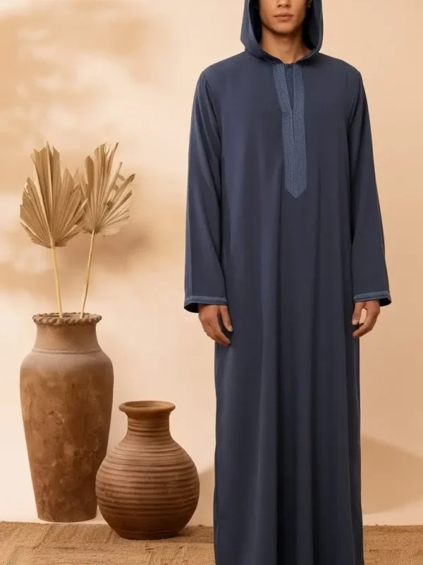 Men’s Hooded Thobe – Navy Blue with Embroidered Trim