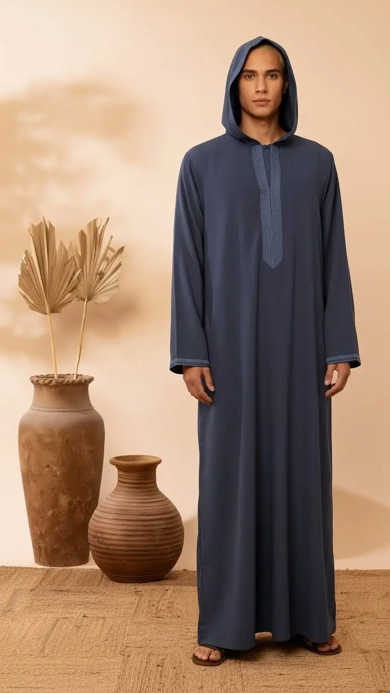 Men’s Hooded Thobe – Navy Blue with Embroidered Trim