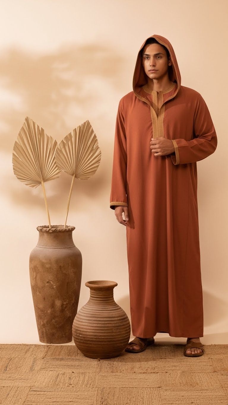 Men’s Hooded Thobe – Burnt Orange with Embroidered Trim - Image 2