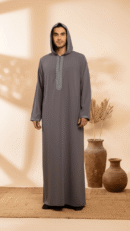 Men’s Hooded Thobe – Slate Grey with Embroidered Trim